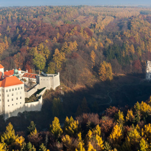 Ojcow, Zamek Krolewski w Pieskowej Skale. EU, PL, Malopolska. Lotnicze.
